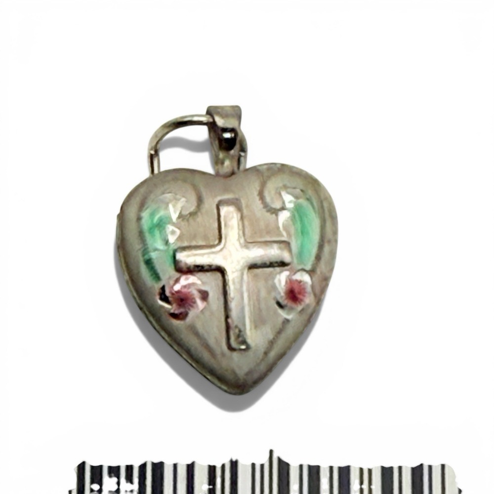 Sterling Silver Cross Pink And Green Enamel Flowers Puffy Heart‎ Picture Locket